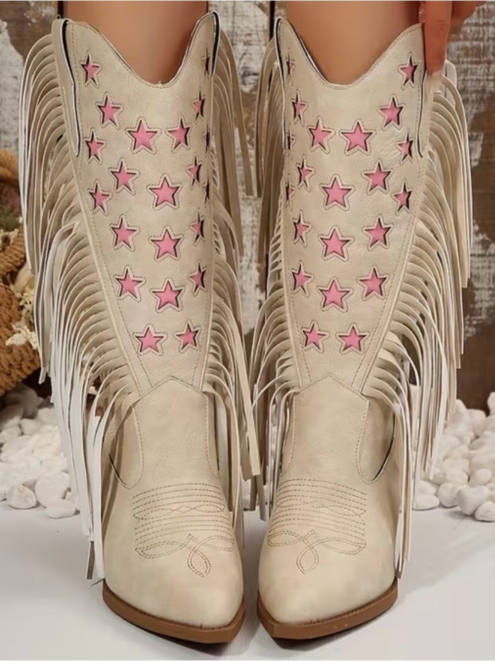 Fringed Star Accent Women's Cream Cowboy Boots with Pink Stars